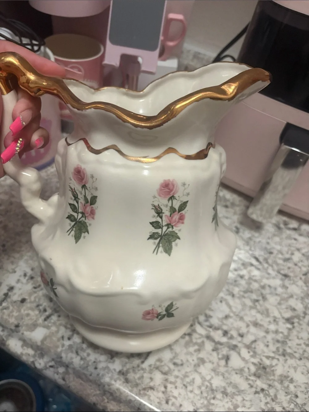 Vintage-Style White Ceramic Pitcher with Pink Rose Motif and Gold Trim
